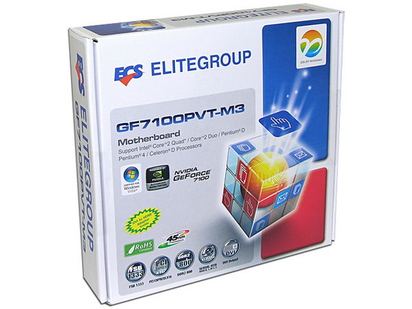 T. Madre ECS GF7100PVT-M3, ChipSet GeForce 7100,
Soporta: Cel.400, DualCore/2Duo/Quad, 1066/1333MHz,
Memoria: DDR2 800/667MHz, 2 Bancos, 4GB Max,
Integrado: Video GeForce 7, Audio HD, Red 10/100/1000,
Diseño: MicroATX, Ptos: 1xPCEx16, 1xPCEx1, 2xPCI