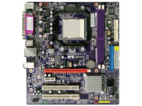 T. Madre ECS GeForce6100SM-M, ChipSet GeForce 6100S
Soporta: AMD Athlon 64 FX/Athlon 64 X2/Athlon 64/Sempron,
Integrado: Audio 5.1, Video GeForce6100, Red 10/100,
Memoria: 2x DDR2, Max. 2GB, Diseño MicroATX,
Ptos: 1xPCI-E X16, 1xPCI-E X1, 2xPCI 