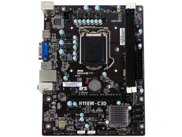 T. Madre ECS H110M-C3D, ChipSet Intel H110,
Soporta: Intel Core i7/Core i5/Core i3/Pentium/Celeron de Socket 1151,
Memoria: DDR3L 1600 MHz, 32GB Max,
SATA 3.0, USB 3.0,
Integrado: Audio HD, Red Gigabit,
Micro-ATX.
