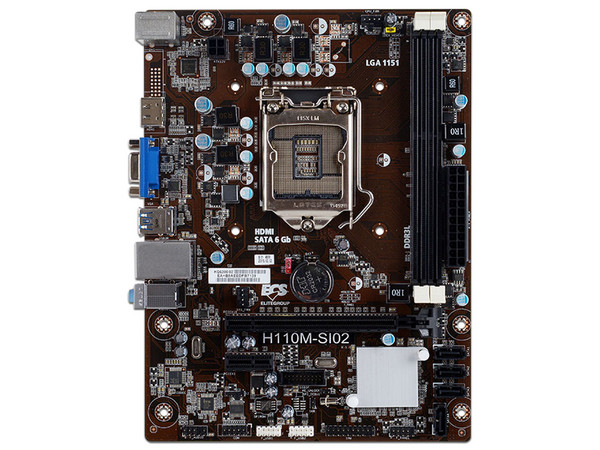 T. Madre ECS H110M-SI02, ChipSet Intel H110,
Soporta: Intel Core i7/Core i5/Core i3/Pentium/Celeron de 6ta y 7ma Generación, Socket 1151,
Memoria: DDR3L 1600 MHz, 32GB Max,
SATA 3.0, USB 3.0,
Integrado: Audio HD, Red Gigabit,
Micro-ATX.