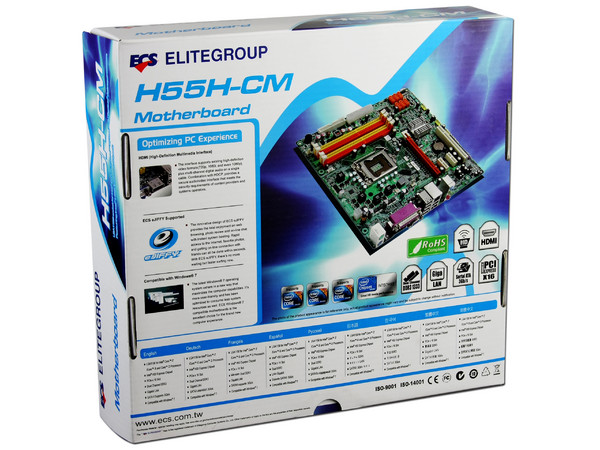 T. Madre ECS H55H-CM, ChipSet Intel H55 Exp.,
Soporta: Core i7, Core i5 y Core i3 de Socket 1156,
Integrado: Audio 5.1, Red 10/100/1000,
Memoria: DDR3 1333/1066MHz, 16GB Max,
mATX, Ptos: 1xPCEx16, 2xPCEx1, 1xPCI  