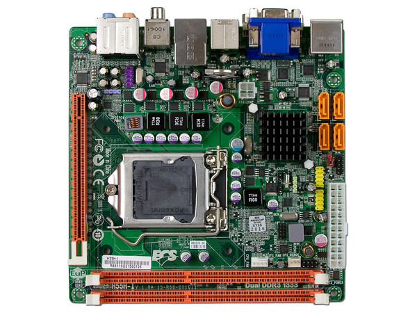 T. Madre ECS H55H-I, ChipSet Intel H55.,
Soporta: Core i5 y Core i3 de Socket 1156,
Integrado: Audio 5.1, Red,
Memoria: DDR3 1333/1066MHz, 8GB Max,
Mini-ITX, Ptos: 1xPCEx16