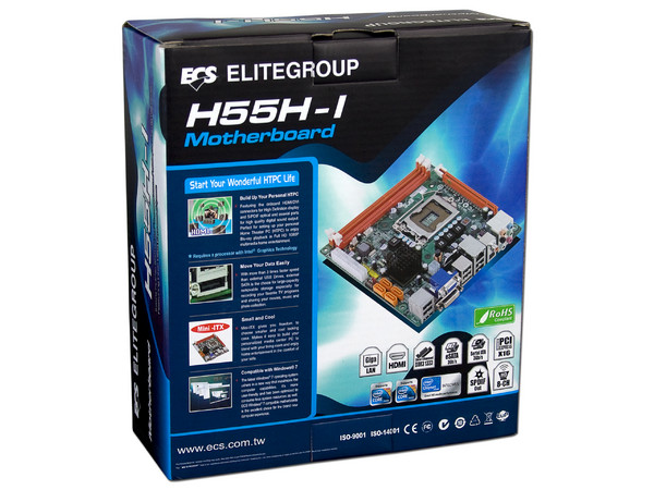 T. Madre ECS H55H-I, ChipSet Intel H55.,
Soporta: Core i5 y Core i3 de Socket 1156,
Integrado: Audio 5.1, Red,
Memoria: DDR3 1333/1066MHz, 8GB Max,
Mini-ITX, Ptos: 1xPCEx16