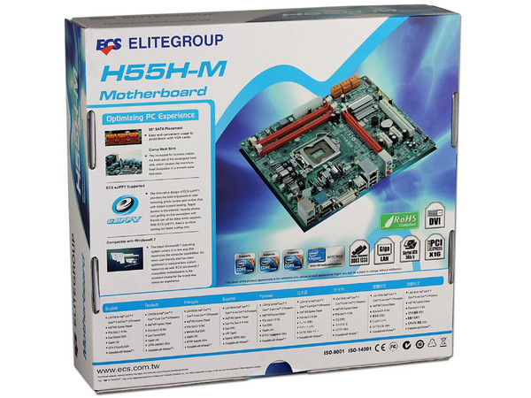 T. Madre ECS H55H-M, ChipSet Intel H55 Exp.,
Soporta: Core i7, Core i5 y Core i3 de Socket 1156,
Integrado: Audio 5.1, Red 10/100/1000,
Memoria: DDR3 1333/1066MHz, 8GB Max,
mATX, Ptos: 1xPCEx16, 2xPCEx1, 1xPCI