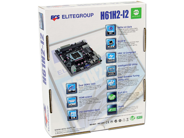 T. Madre ECS H61H2-I2-B3, ChipSet Intel H61 Exp.,
Soporta: Core i7/i5/i3 de Socket 1155,
Integrado: Audio HD, Red,
Memoria: DDR3 1333/1066MHz, 16GB Max,
Mini-ITX, Ptos: 1xPCIEX1.