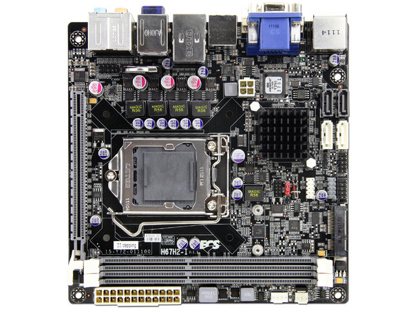T. Madre ECS H67H2-I-B3, ChipSet Intel H67 Exp.,
Soporta: Core i7/i5/i3 de Socket 1155,
 USB 3.0 y SATA 3.0
Integrado: Audio HD, Red,
Memoria: DDR3 1333/1066MHz, 16GB Max,
Mini ITX, Ptos: 1xPCIEX16, 1xMiniPCIEX1