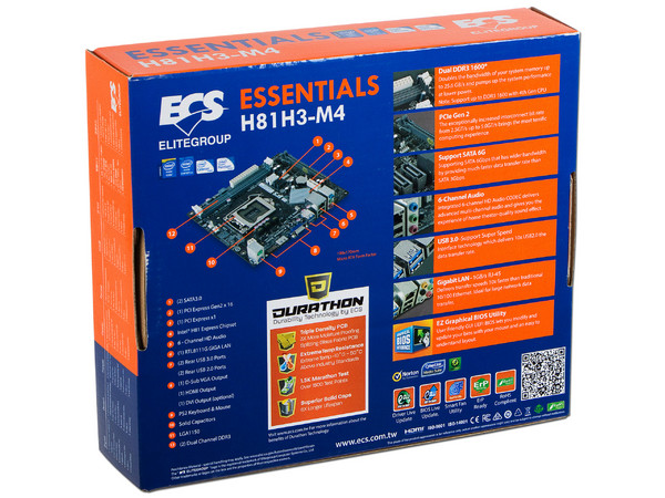 T. Madre ECS H81H3-M4, ChipSet Intel H81 Exp.,
Soporta: Intel Core i7/ i5/ i3/ Pentium/ Celeron de Socket 1150,
Memoria: DDR3 1600/1333 MHz, 16 GB Max,
SATA 3.0, USB 3.0,
Integrado: Audio HD, Red,
Micro-ATX, Ptos: 1xPCIEX16, 1xPCIEX1