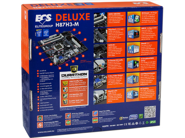 T. Madre ECS Deluxe H87H3-M, ChipSet Intel H87 Exp.,
Soporta: Intel Core i7 / i5  de Socket 1150,
Memoria: DDR3 1600/1333 MHz, 32 GB Max,
SATA 3.0, USB 3.0,
Integrado: Audio HD, Red,
Micro-ATX, Ptos: 2xPCIEX16, 1xPCIEX1