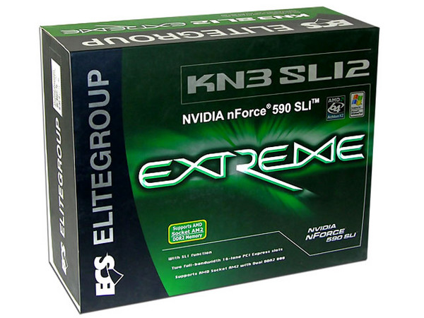 T. Madre ECS EXTREME KN3 SLI2, ChipSet nForce 590-SLI,
Soporta: Athlon 64/Athlon 64 X2 Dual-Core, Socket AM2,
Integrado: Audio Realtek ALC883, Gigabit Fast Ethernet,
Memoria: 4x DDR2, Max. 32GB, Diseño ATX,
Ptos: 2xPCI-E X16, 2xPCI-E X1, 2xPCI