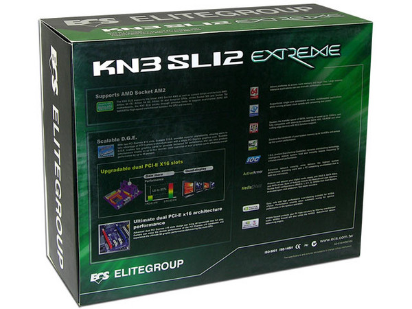 T. Madre ECS EXTREME KN3 SLI2, ChipSet nForce 590-SLI,
Soporta: Athlon 64/Athlon 64 X2 Dual-Core, Socket AM2,
Integrado: Audio Realtek ALC883, Gigabit Fast Ethernet,
Memoria: 4x DDR2, Max. 32GB, Diseño ATX,
Ptos: 2xPCI-E X16, 2xPCI-E X1, 2xPCI