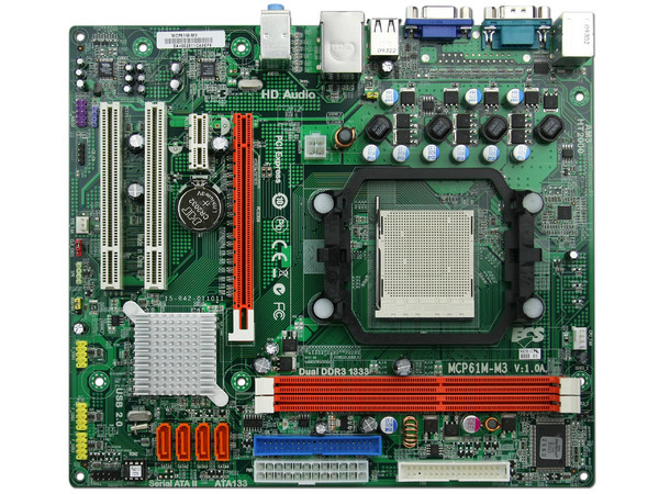 T. Madre ECS MCP61M-M3, ChipSet MCP61P,
Soporta: Phenom II X3 y X4 de Socket AM3,
Integrado: Video GeForce 6100, Audio HD, Red,
Memoria: DDR3 1333MHz/1066MHz,
Diseño mATX, Ptos: 1xPCIEX16, 1xPCIEX1, 2xPCI