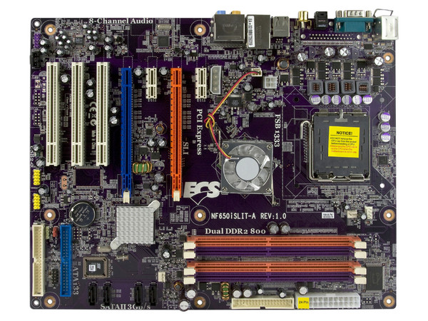 T. Madre ECS NF650iSLIT-A, ChipSet nForce 650i SLI,
Soporta: Cel.400, DualCore/2Duo/Quad, 800/1333(OC)MHz,
Memoria: DDR2 667/800MHz, 4 Bancos, 32GBMax,
Integrado: Audio HD, Red 10/100,
Diseño: ATX, Ptos: 2xPCEx16, 2xPCEx1, 3xPCI