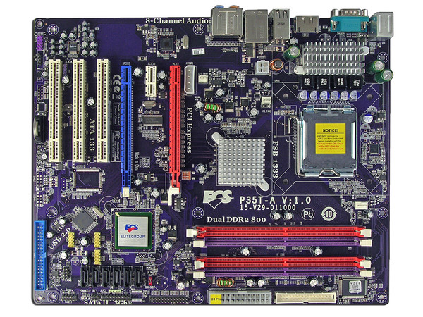 T. Madre ECS P35T-A, ChipSet Intel P35&ICH9DH,
Soporta: Cel.400, DualCore/2Duo/Quad, 1066/1333MHz,
Memoria: DDR2 800/667MHz, 4 Bancos, 8GB Max,
Integrado: Audio HD, Giga Lan,
Diseño: ATX, Ptos: 2xPCEx16, 1xPCEx1, 3xPCI