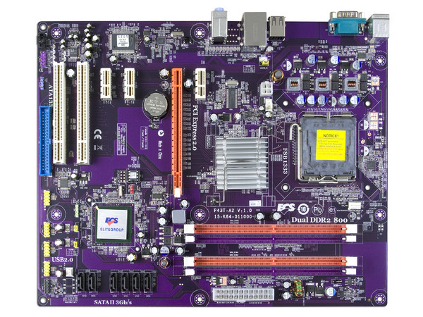 T. Madre ECS P43T-A2, ChipSet Intel Eaglelake P43,
Soporta: Celeron400, DualCore, Core2Duo, Core2Quad,
Integrado: Audio HD, Red,
Memoria: DDR2 800/667, 4 Bancos, 16GBMax,
Diseño: ATX, Ptos: 2xPCI, 3xPCE, 1xPCEx16