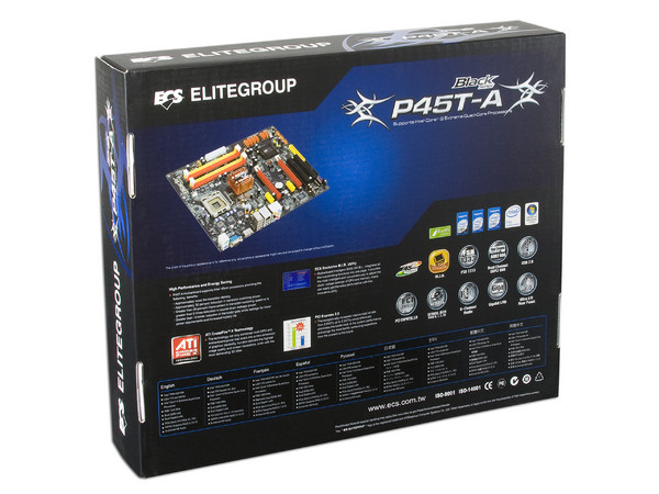 T. Madre ECS Black Series P45T-A, ChipSet Intel P45,
Soporta: Extreme, Core 2 Quad, Core 2 Duo, 1066/1333MHz,
Memoria: DDR2 800/667MHz, 4 Bancos, 16GBMax,
Integrado: Audio 7.1, Red 	Gigabit, DiseÃ±o: ATX,
Puertos: 2xPCI-Ex16, 2xPCI-Ex1, 2xPCI
