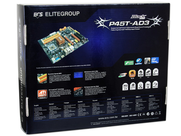 T. Madre ECS Black P45T-AD3, ChipSet Intel P45,
Soporta: Extreme, Core 2 Quad, Core 2 Duo, 1066/1333MHz,
Memoria: DDR3 1600(OC)/1333MHz, 4 Bancos, 8GBMax,
Integrado: Audio 7.1, Red Gigabit, Diseño: ATX,
Puertos: 2xPCIEx16, 2xPCIEx1, 2xPCI