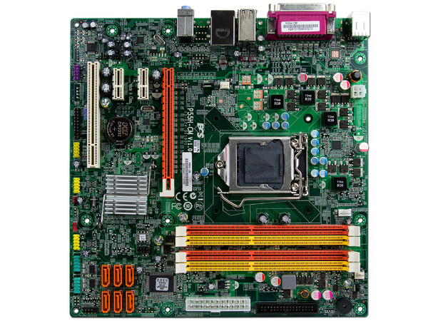 T. Madre ECS P55H-CM, ChipSet Intel P55 Exp.,
Soporta: Core i7, Core i5 y Core i3 de Socket 1156,
Integrado: Audio 5.1, Red 10/100/1000,
Memoria: DDR3 1333/1066MHz, 16GB Max,
mATX, Ptos: 1xPCEx16, 2xPCEx1, 1xPCI