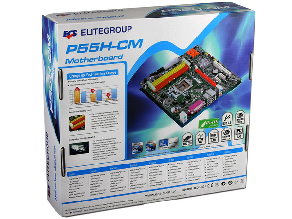 T. Madre ECS P55H-CM, ChipSet Intel P55 Exp.,
Soporta: Core i7, Core i5 y Core i3 de Socket 1156,
Integrado: Audio 5.1, Red 10/100/1000,
Memoria: DDR3 1333/1066MHz, 16GB Max,
mATX, Ptos: 1xPCEx16, 2xPCEx1, 1xPCI