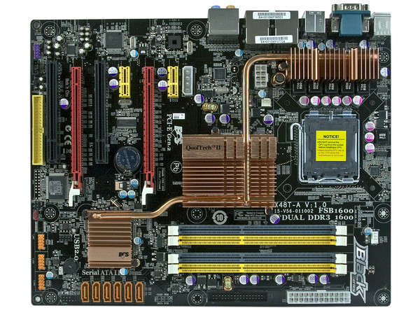 T. Madre ECS X48T-A, ChipSet  Intel X48 & ICH9R,
Soporta: Cel.400, DualCore/2Duo/Quad, 1066/1333MHz,
Memoria: DDR3 1600/1333MHz, 4 Bancos, 8GB Max,
Integrado: Audio HD, Red Dual Giga,
Diseño: ATX, Ptos: 2xPCEx16, 2xPCEx1, 2xPCI