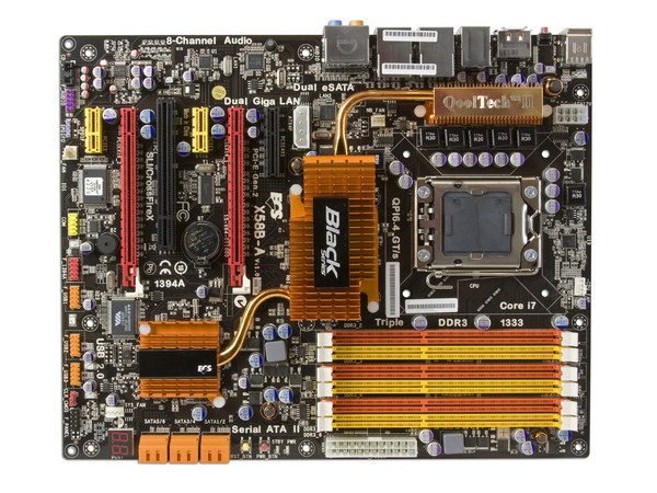 T. Madre ECS X58B-A Black, ChipSet Intel X58,
Soporta: Core i7 920, 940, 965, QPI 4.8/6.4 GT/s,
Integrado: Audio 7.1, Red 10/100/1000,
Memoria: DDR3 1600(OC)/1333/1066, 24GB Max,
ATX, Ptos: 2xPCEx16, 1xPCIEx4, 2xPCIEx1, 1xPCI