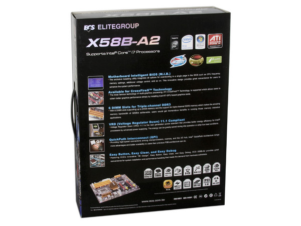 T. Madre ECS Black Series X58B-A2, ChipSet Intel X58,
Soporta: Core i7 920, 940, 965 de Socket 1366,
Integrado: Audio 7.1, Red 10/100/1000,
Memoria: DDR3 1600 OC/1333/1066, 24GB Max,
ATX, Ptos: 2xPCEx16, 1xPCIEx4, 2xPCIx1, 1xPCI