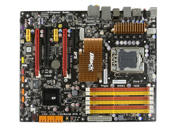 T. Madre ECS Black Series X58B-A2, ChipSet Intel X58,
Soporta: Core i7 920, 940, 965 de Socket 1366,
Integrado: Audio 7.1, Red 10/100/1000,
Memoria: DDR3 1600 OC/1333/1066, 24GB Max,
ATX, Ptos: 2xPCEx16, 1xPCIEx4, 2xPCIx1, 1xPCI