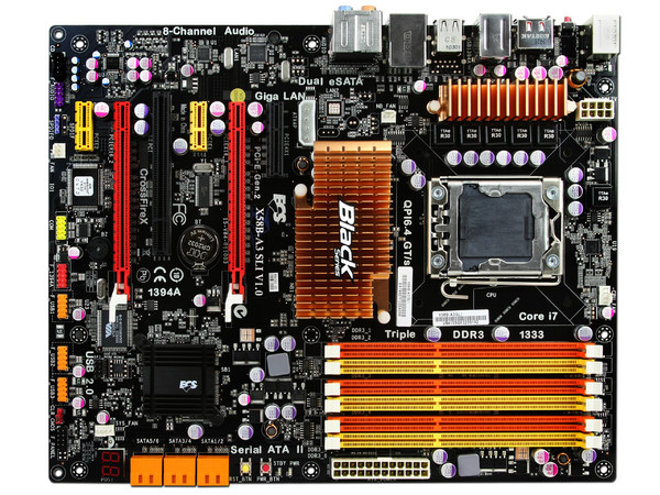 T. Madre ECS X58B-A3 SLI, ChipSet Intel X58.
Soporta: Core i7 Socket 1366,
Memoria: DDR3 Triple-channel 1333 MHz, 24GB Max,
ATX, Ptos: 2xPCEx16, 2xPCEx1, 1xPCI, 1xPCEx4