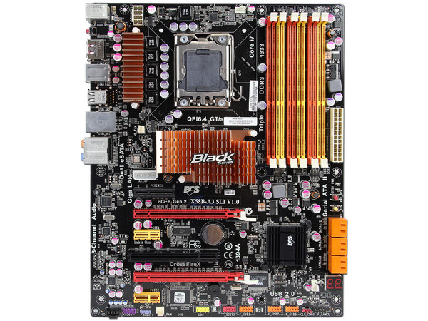 T. Madre ECS X58B-A3 SLI, ChipSet Intel X58,
Soporta: Core i7 de Socket 1366,
Integrado: Audio HD, Red 10/100/1000,
Memoria: DDR3 1600(OC)/1333/1066MHz, 24GB Max,
Diseño: ATX, Ptos: 2xPCIEX16, 1xPCIEX4, 2xPCIEX1