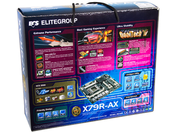 T. Madre ECS X79R-AX, ChipSet Intel X79 Exp.,
Soporta: Core i7 de Socket 2011, 
USB 3.0 y Serial ATA 3.0, 
Memoria: DDR3 2500(OC)/2400(OC)/2133(OC)MHz, 64GB Max, 
ATX, Ptos: 4xPCIEx16, 2xPCIEx1.