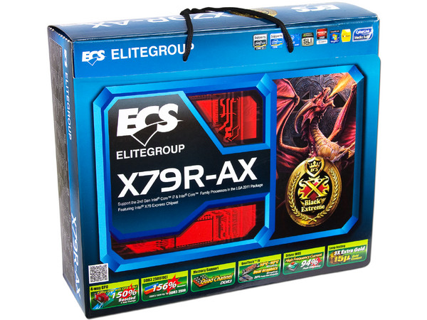 T. Madre ECS X79R-AX, ChipSet Intel X79 Exp.,
Soporta: Core i7 de Socket 2011, 
USB 3.0 y Serial ATA 3.0, 
Memoria: DDR3 2500(OC)/2400(OC)/2133(OC)MHz, 64GB Max, 
ATX, Ptos: 4xPCIEx16, 2xPCIEx1.