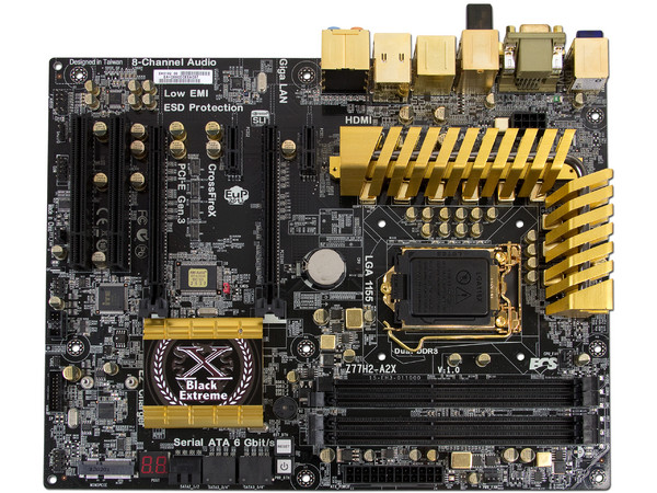 T. Madre ECS Z77H2-A2X, BX Golden Board,
Soporta: Core i7/i5/i3/ de Socket 1155,
Integrado: Audio HD, Red Gigabit,
USB 3.0 y Serial ATA 3.0,
Memoria: 2800(OC)/2600(OC)/1800(OC)/1600 MHz, 32GB Max,
ATX, Ptos: 2xPCIEX16,2xPCIEx1