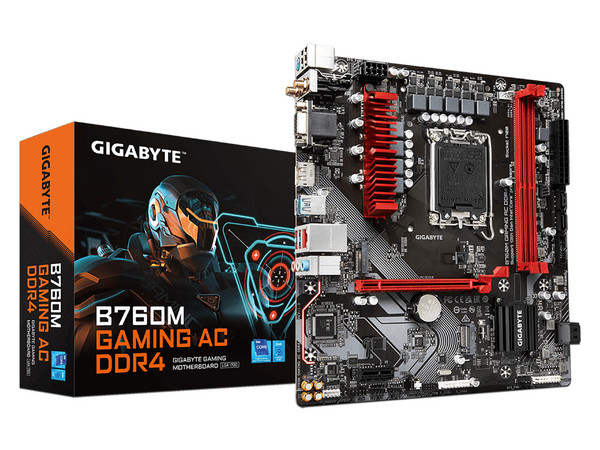 T. Madre Gigabyte B760M GAMING AC DDR4, 
Chipset Intel B760, Soporta: Intel 12va y 13va Generación, 
Socket 1700, Memoria: DDR4 5333/3600/2133 MHz,
64GB Max, Integrado: Audio HD, 
Red, USB 3.2, SATA 3.0, M.2, Micro-ATX,
Ptos: 1xPCIE4.0x16.