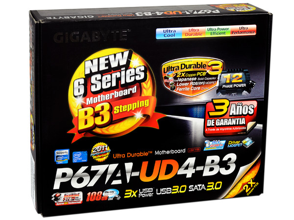T. Madre Gigabyte P67A-UD4-B3, ChipSet Intel P67 Exp.,
Soporta: Core i7/i5/i3 de Socket 1155, 
USB 3.0 y Serial ATA 3.0, 
Memoria: DDR3 2133/1866/1600, 32GB Max, 
ATX, Ptos: 2xPCIEx16, 3xPCIEx1, 2xPCI