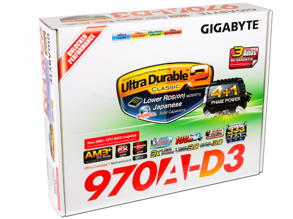 T. Madre Gigabyte 970A-D3, ChipSet AMD 970,
Soporta: Phenom II, Athlon II y FX de Socket AM3+,
Memoria: DDR3 2000(OC)/1333/1066 MHz, Max. 32GB,
Integrado: Audio HD, Red 10/100/1000 Mbit,
ATX, Ptos: 2xPCIEX16, 3xPCIEX1, 2xPCI