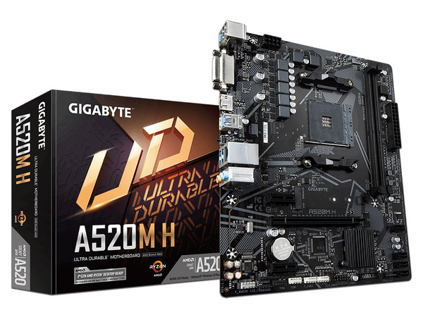 T. Madre Gigabyte A520M H, ChipSet AMD A520,
Soporta: AMD Ryzen 3ra, 4ta y 5ta Generación,
Memoria: DDR4 5100/4000/2133 MHz, 64GB Max,
Integrado: Audio HD, Red,
USB 3.0, SATA 3.0, M.2,
Micro-ATX, Ptos: 2 x PCIe x1, 1 x PCIe x16.