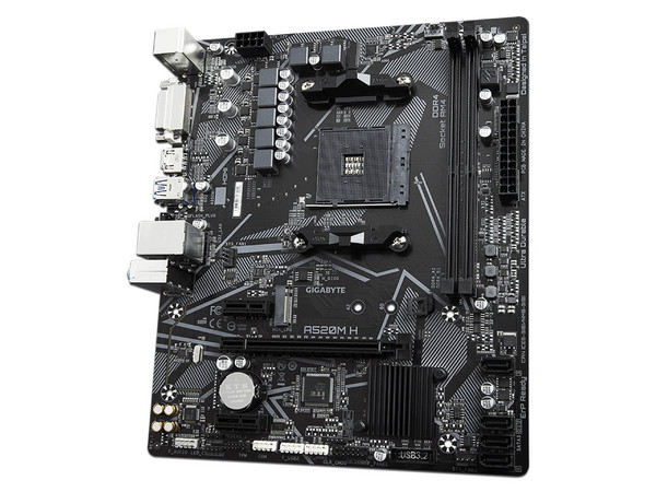 T. Madre Gigabyte A520M H, ChipSet AMD A520,
Soporta: AMD Ryzen 3ra, 4ta y 5ta Generación,
Memoria: DDR4 5100/4000/2133 MHz, 64GB Max,
Integrado: Audio HD, Red,
USB 3.0, SATA 3.0, M.2,
Micro-ATX, Ptos: 2 x PCIe x1, 1 x PCIe x16.