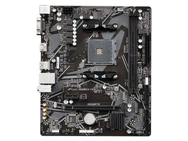 T. Madre GIGABYTE A520M K V2, Chipset AMD A520,
 Soporta: AMD Ryzen 3ra, 4ta y 5ta Generación, Socket AM4,
Memoria: DDR4 5100/3200/2133 MHz, 64GB Max,
Integrado: Audio HD, Red,
USB 3.2 y SATA 3.0, M.2,
Micro-ATX, Ptos: 1xPCIEx16, 1 x PCIE x 1 (Caja 