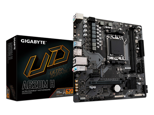T. Madre Gigabyte A620M H (rev. 1.0),
Chipset AMD A620,
Segmento: Básico,
Soporta: AMD Ryzen Serie 7000, Socket AM5,
RAM: DDR5 6400(OC)/5400(OC)/4400 MHz, 96GB Máx,
Audio HD, Red, USB 3.2, SATA 3.0, M.2, 
Micro-ATX, Ptos: 1xPCIE4.0x16, 1xPCIE3.0x1.