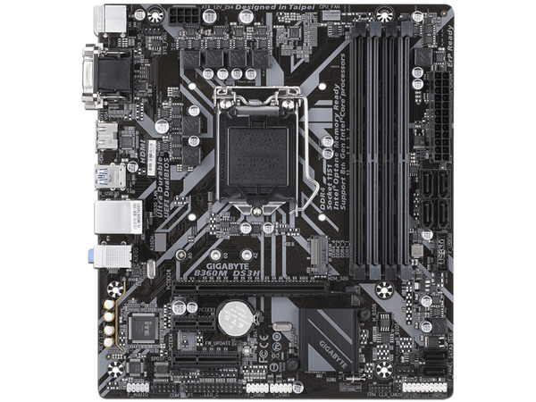 T. Madre Gigabyte B360M DS3H, Chipset Intel B360,
Soporta: Core i7 / i5 / i3 / Pentium / Celeron de 8va. Gen., Socket 1151,
Memoria: DDR4 2133MHz, 64GB Max,
Integrado: Audio HD, Red,
USB 3.0, SATA 3.0 y M.2,
Micro-ATX, Ptos: 1xPCIE 3.0 x16.