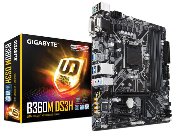 T. Madre Gigabyte B360M DS3H, Chipset Intel B360,
Soporta: Core i7 / i5 / i3 / Pentium / Celeron de 8va. Gen., Socket 1151,
Memoria: DDR4 2133MHz, 64GB Max,
Integrado: Audio HD, Red,
USB 3.0, SATA 3.0 y M.2,
Micro-ATX, Ptos: 1xPCIE 3.0 x16.
