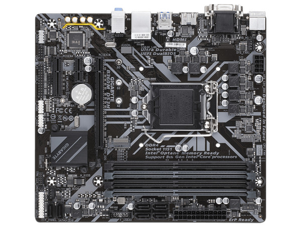 T. Madre Gigabyte B360M DS3H, Chipset Intel B360,
Soporta: Core i7 / i5 / i3 / Pentium / Celeron de 8va. Gen., Socket 1151,
Memoria: DDR4 2133MHz, 64GB Max,
Integrado: Audio HD, Red,
USB 3.0, SATA 3.0 y M.2,
Micro-ATX, Ptos: 1xPCIE 3.0 x16.