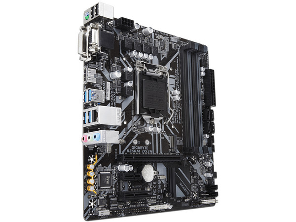 T. Madre Gigabyte B360M DS3H, Chipset Intel B360,
Soporta: Core i7 / i5 / i3 / Pentium / Celeron de 8va. Gen., Socket 1151,
Memoria: DDR4 2133MHz, 64GB Max,
Integrado: Audio HD, Red,
USB 3.0, SATA 3.0 y M.2,
Micro-ATX, Ptos: 1xPCIE 3.0 x16.