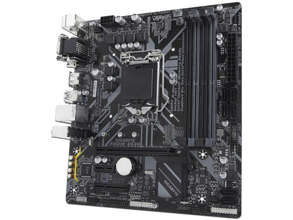 T. Madre Gigabyte B360M DS3H, Chipset Intel B360,
Soporta: Core i7 / i5 / i3 / Pentium / Celeron de 8va. Gen., Socket 1151,
Memoria: DDR4 2133MHz, 64GB Max,
Integrado: Audio HD, Red,
USB 3.0, SATA 3.0 y M.2,
Micro-ATX, Ptos: 1xPCIE 3.0 x16.