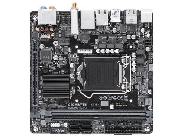 T. Madre Gigabyte B360N WIFI, Chipset Intel B360,
Soporta: Intel Core i7 / i5 / i3 de 8va Gen., Socket 1151,
Memoria: DDR4 2666/2400/2133 MHz, 32GB Max,
Integrado: Audio HD, Red,
USB 3.1 y SATA 3.0,
Mini-ITX, Ptos: 1xPCIEx16.