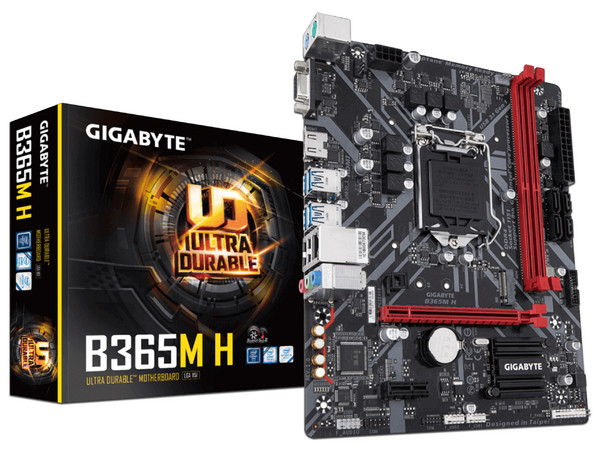 T. Madre Gigabyte B365M H, ChipSet Intel B365.
Soporta: Intel Core i9 / i7 / i5 / i3 Pentium / Celeron de 9na y 8va Generación.,
Memoria: DDR4 2666 / 2400 / 2133 MHz, 32GB Max,
Integrado: Audio HD, Red,
Micro ATX, Ptos: 1xPCIEx16, 1xPCIEx1.