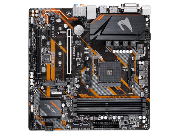 T. Madre Gigabyte B450M Aorus Elite (rev.1.0), 
Chipset AMD B450, Soporta: AMD Ryzen de 1ra, 2da y 3era Generación, 
Memoria: DDR4 3200(O.C.) / 2933 / 2133 MHz, 128GB Max, 
Integrado: Audio HD, Red, USB 3.0 y SATA 3.0, 
ATX, Ptos: 2xPCIEx16, 1xPCIEx1