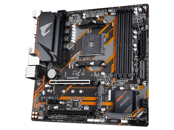 T. Madre Gigabyte B450M Aorus Elite (rev.1.0), 
Chipset AMD B450, Soporta: AMD Ryzen de 1ra, 2da y 3era Generación, 
Memoria: DDR4 3200(O.C.) / 2933 / 2133 MHz, 128GB Max, 
Integrado: Audio HD, Red, USB 3.0 y SATA 3.0, 
ATX, Ptos: 2xPCIEx16, 1xPCIEx1