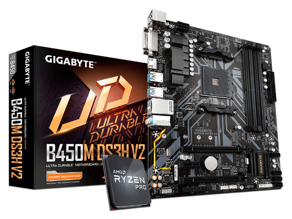 Kit de Actualización Incluye: T. Madre Gigabyte B450M DS3H V2, Chipset AMD B450, Soporta: AMD Ryzen Socket AM4, Memoria: DDR4 3200/2133 MHz, 64GB Max, Procesador AMD Ryzen 5 Pro 4750G de Cuarta Generación, 3.7GHz (hasta 4.20GHz).