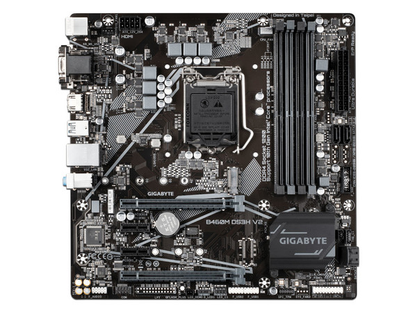T. Madre GIGABYTE B460M DS3H V2, Soporta: Core i7 / i5 / i3 de 10ma gen, Socket 1200, Memoria: DDR4 2933 / 2400 / 2133 MHz, 128GB Max, Integrado: Audio HD, Red, USB 3.0 y SATA 3.0, Micro-ATX, Ptos: 1xPCIEx16, 1xPCIEx4.