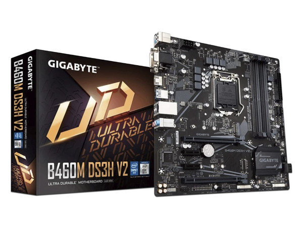T. Madre GIGABYTE B460M DS3H V2, Soporta: Core i7 / i5 / i3 de 10ma gen, Socket 1200, Memoria: DDR4 2933 / 2400 / 2133 MHz, 128GB Max, Integrado: Audio HD, Red, USB 3.0 y SATA 3.0, Micro-ATX, Ptos: 1xPCIEx16, 1xPCIEx4.